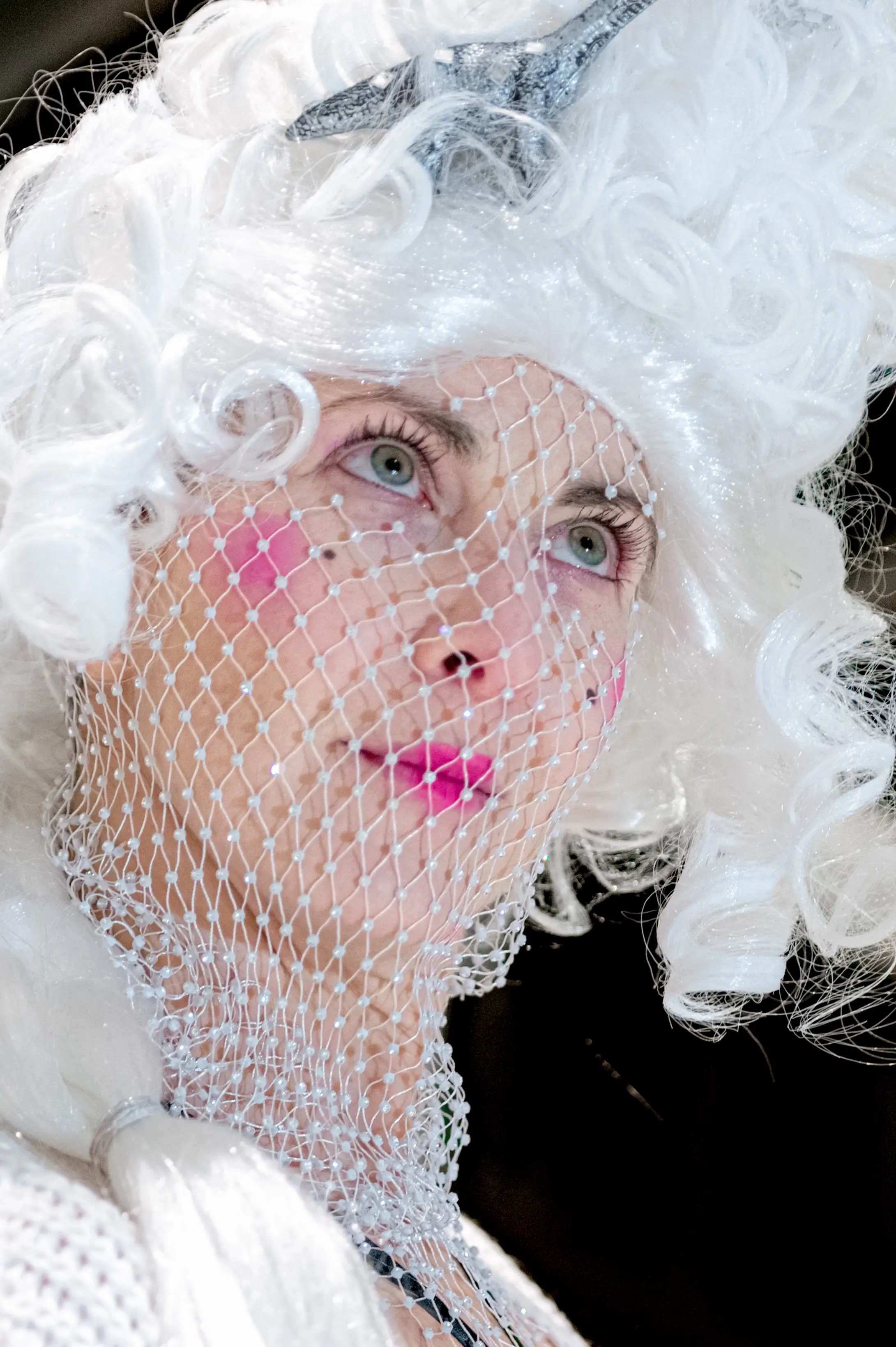 Woman wearing a white, powdered wig and mesh veil, with Rococo-style makeup: pink cheeks, lips, and artificial beauty spots. -Lubin, Brzeg, Oława, Wrocław, Opole, Legnica - optimized version for fast loading