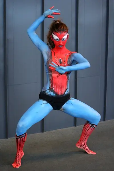 Body painting inspired by Spiderwoman – dynamic pose with artistic details of comic outfit -w Lubinie, w Brzegu, w Oławie, we Wrocławiu, w Opolu, w Legnicy - optimized version for fast loading