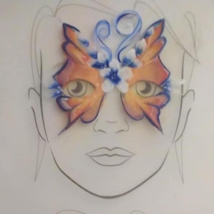 Face painting – butterfly design in orange, red and blue with flowers on forehead. -Legnica, Wrocław, Opole, Brzeg, Oława, Lubin - optimized version for fast loading