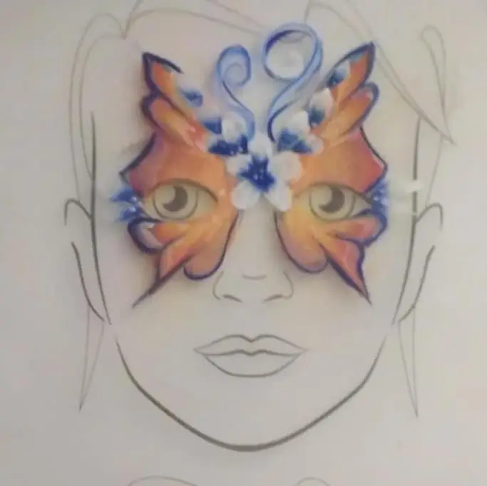 Face painting – butterfly design in orange, red and blue with flowers on forehead. -w Lubinie, w Brzegu, w Oławie, we Wrocławiu, w Opolu, w Legnicy - optimized version for fast loading