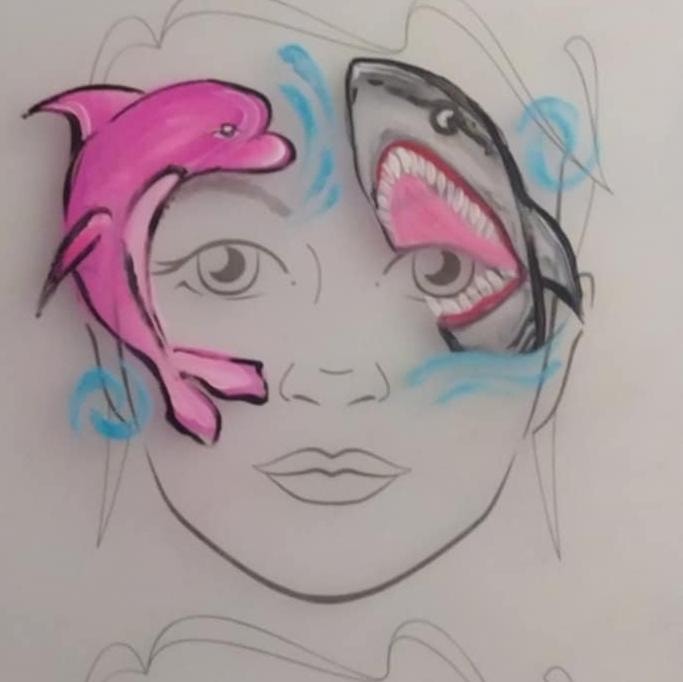 Artistic face painting – pink dolphin on left and gray shark on right side of child's face. -w Legnicy, we Wrocławiu, w Opolu, w Brzegu, w Oławie, w Lubinie - optimized version for fast loading