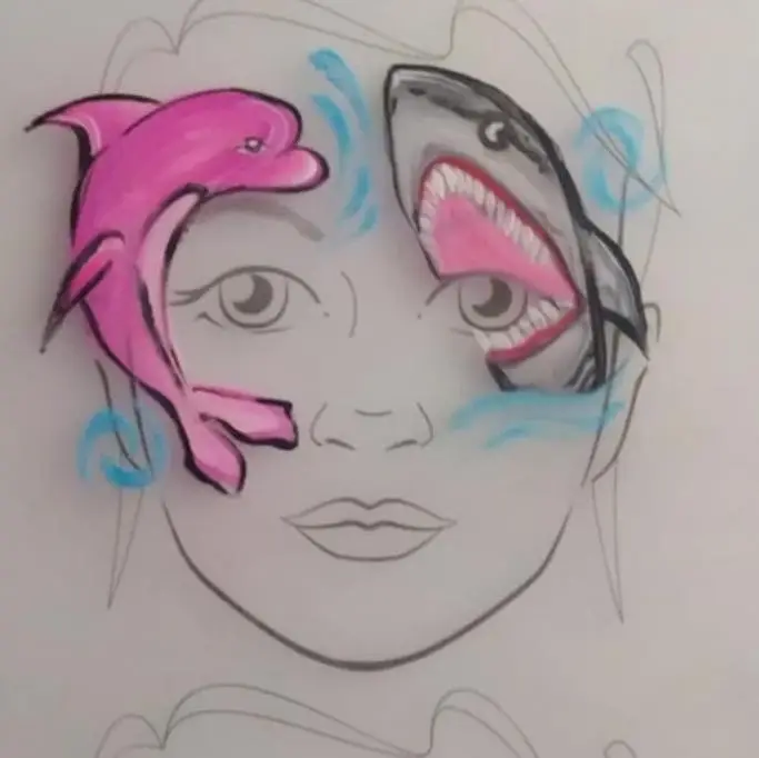 Artistic face painting – pink dolphin on left and gray shark on right side of child's face. -Lubin, Brzeg, Oława, Wrocław, Opole, Legnica - optimized version for fast loading
