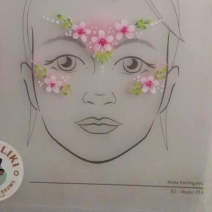 Artistic face painting – pastel cherry and apple blossoms with green leaves forming crown on child's forehead. -Legnica, Wrocław, Opole, Brzeg, Oława, Lubin - optimized version for fast loading