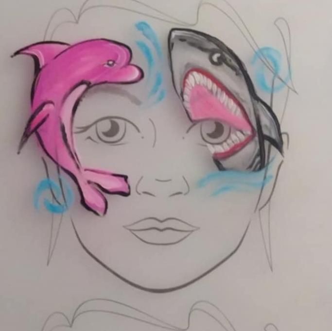 Artistic face painting – pink dolphin on left and gray shark on right side of child's face. -w Lubinie, w Legnicy, w Oławie, w Opolu, we Wrocławiu, w Brzegu - optimized version for fast loading